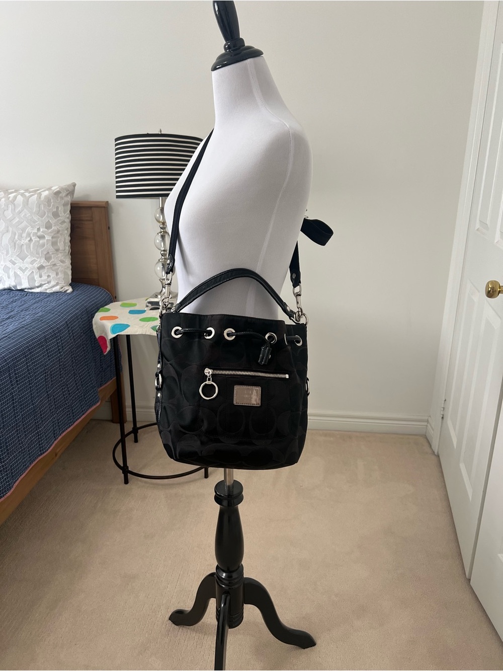 Coach Poppy Black Signature Bucket Shoulder Bag with Silver Hardware